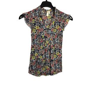 Vintage Y2K Daisy & Clover Womens Colorful Mesh Floral Top S V-Neck Cap Sleeve